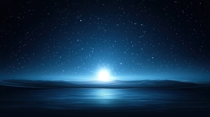 A tranquil night landscape featuring a luminous moonrise over calm waters, surrounded by softly rolling hills and twinkling stars, Ideal for nature-themed projects, relaxation