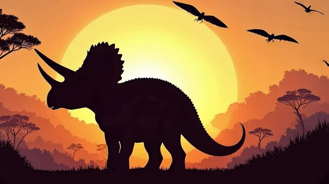 Dinosaur Sunset Silhouette: Captivating silhouette of a triceratops set against a fiery sunset backdrop, with ancient birds soaring above. Evoking prehistoric times and adventure. 