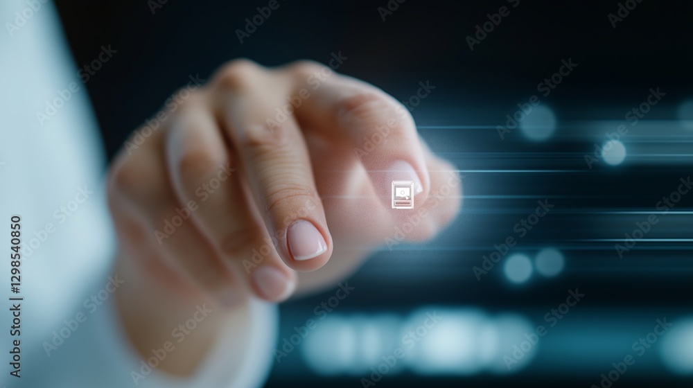 Poster Hand interacting with a digital interface in a futuristic setting during the day