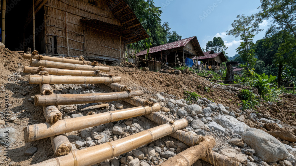 Poster scaffolding, a makeshift bamboo scaffolding structure in a rural setting, ideal for construction or 