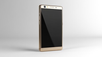 Fototapeta premium Gold mobile phone standing upright, studio lighting, gray background, screen showing black display