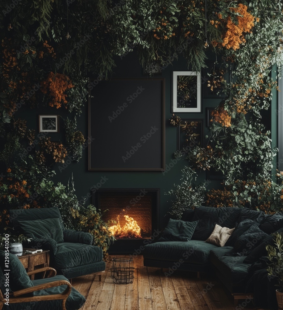 Poster a 3d render shows a poster frame in a mock up setting with a dark interior background and a fireplac