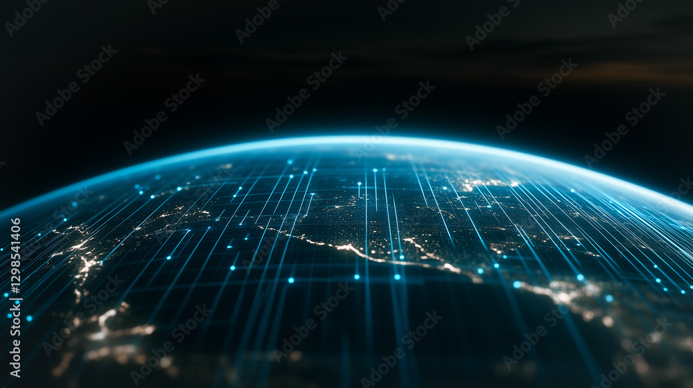 Poster global network: a stunning visualization of the world from space, illuminated by a network of interc