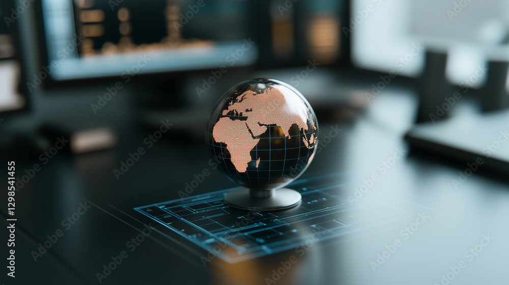 Poster global business perspective: a close-up shot of a globe on a desk with computer screens in the backg