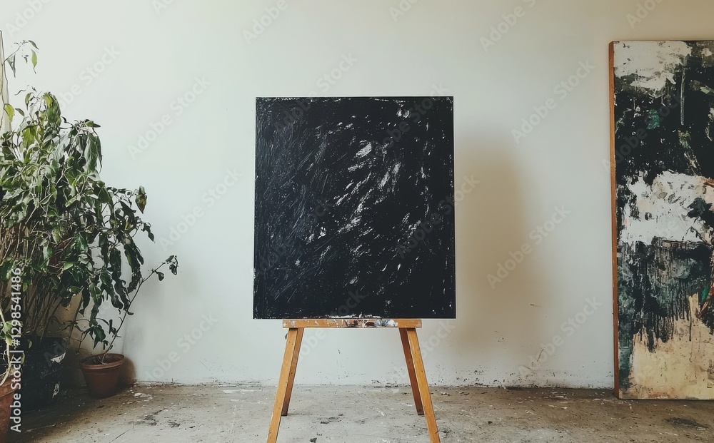 Aufkleber empty painting placard on tripod and blank white a3 canvas on black board, both in mockup form, isol