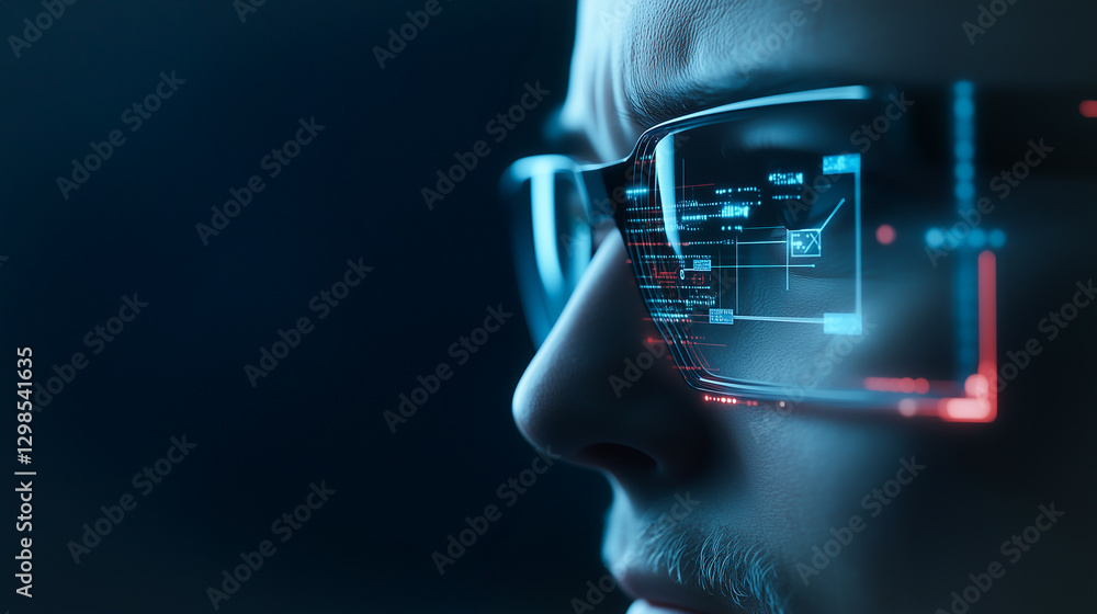 Poster visionary insight: a close-up shot of a man wearing high-tech glasses with interactive data displays