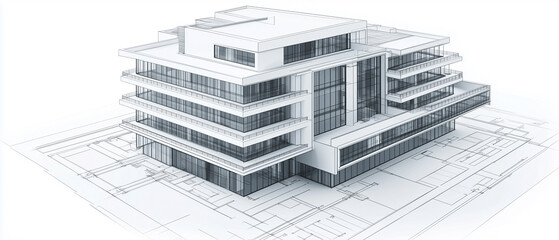 Fototapeta premium Detailed architectural blueprint of a modern hospital building with a clean white facade and glass windows