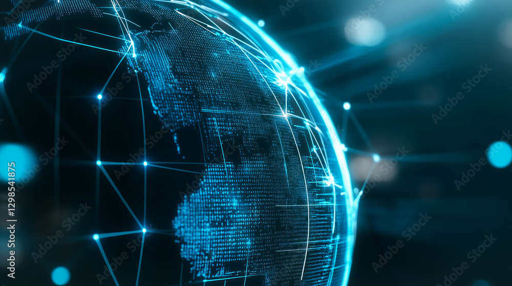 Poster global connection: an illuminated globe, intertwined with a network of digital lines and glowing nod