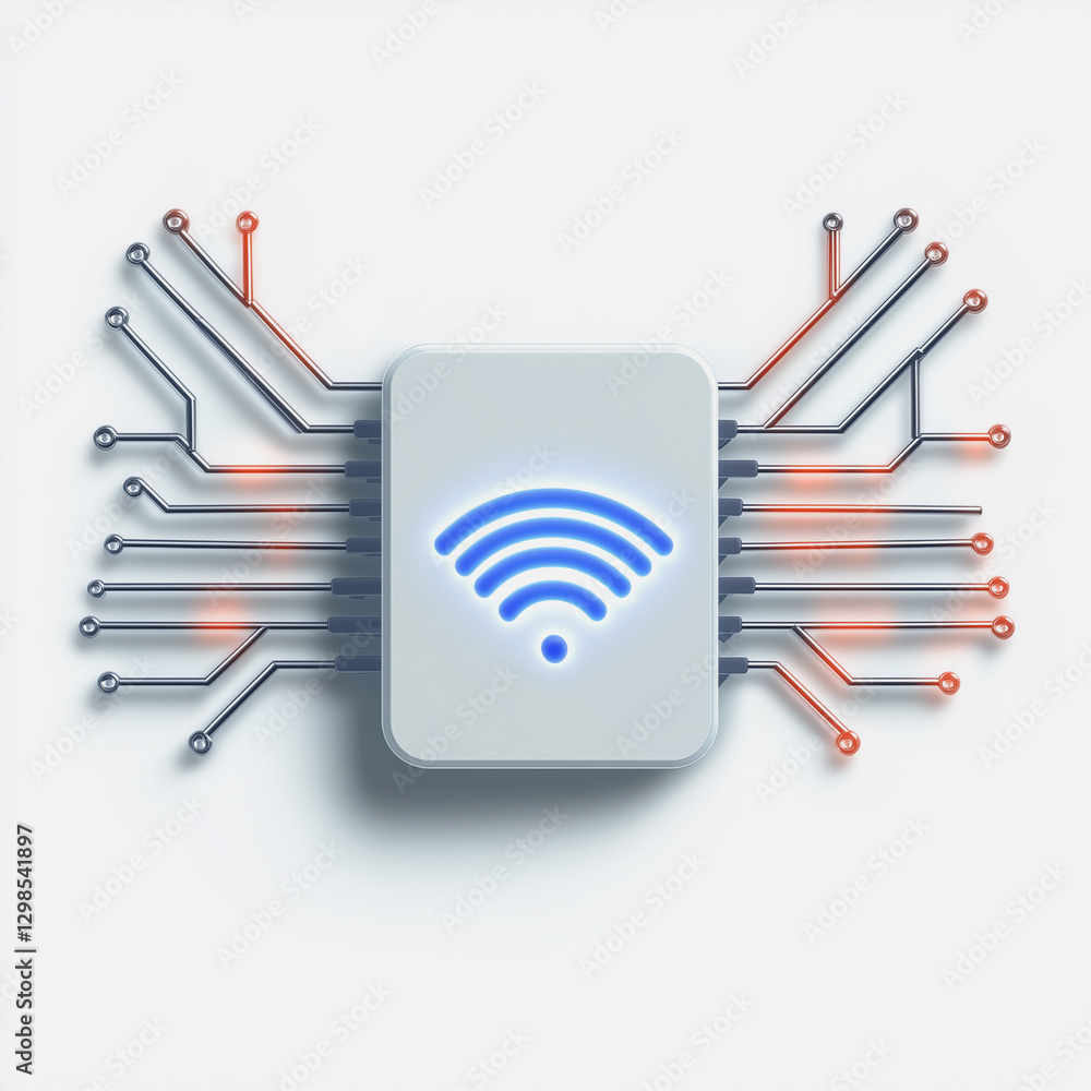 Poster connected: a technological marvel, a glowing wi-fi symbol sits centrally on a processor, intricately