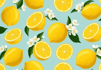 Bright lemon pattern, cheerful citrus illustration, white jasmine flowers, green leaves, light blue background, seamless design, vibrant yellow