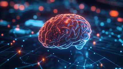 3D graphic representation of glowing brain, symbolizing neural connections and technology. vibrant colors and digital elements evoke sense of innovation and intelligence
