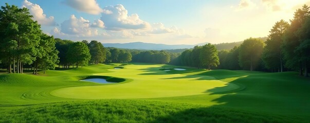 Expansive golf links, rolling hills, background forest, idyllic, greenery, rolling