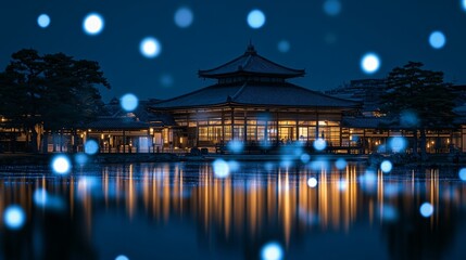 Obraz premium Traditional Japanese Building Reflected in Water with Blue Particles at Night, Kyoto, Japan