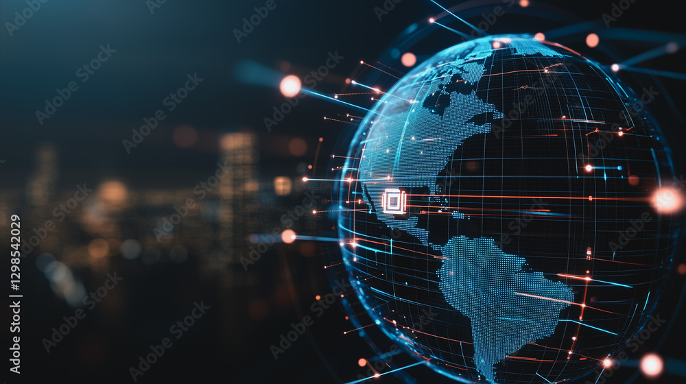 Poster global data network: a glowing globe of earth surrounded by interconnected data streams, symbolizing