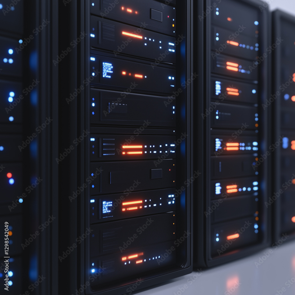 Poster high-tech data center: a state-of-the-art data center with a row of powerful servers, showcasing the