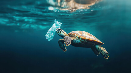 Obraz premium turtle swims underwater, struggling with piece of plastic in its mouth, highlighting impact of pollution on marine life