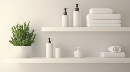 Fototapeta premium A clean, neutral-toned bathroom shelf with neatly arranged toiletries, soaps, and a small potted plant, providing a fresh and minimalist space.