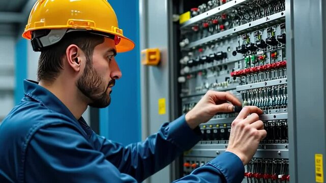 The Electrician at Work: A skilled electrician in a yellow helmet and uniform is working diligently with electrical panels and wiring, highlighting his precision and technical expertise.