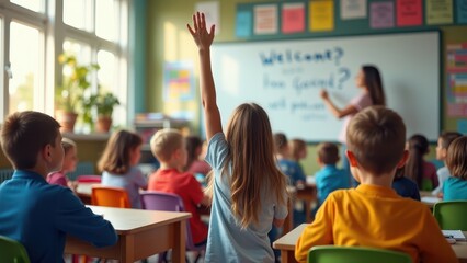 School Registration Day, Vibrant classroom scene with colorful desks natural light posters and students during school registration day.