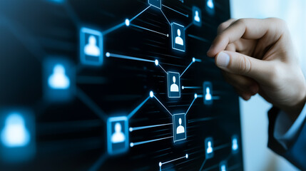 Digital Network Interaction: A human hand interacting with a network interface, highlighting interconnected nodes and data flow.