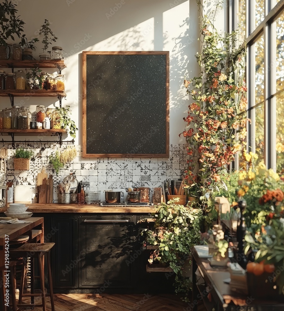 Poster create a mock poster frame within a kitchen's ethnic style interior background, utilizing 3d renderi