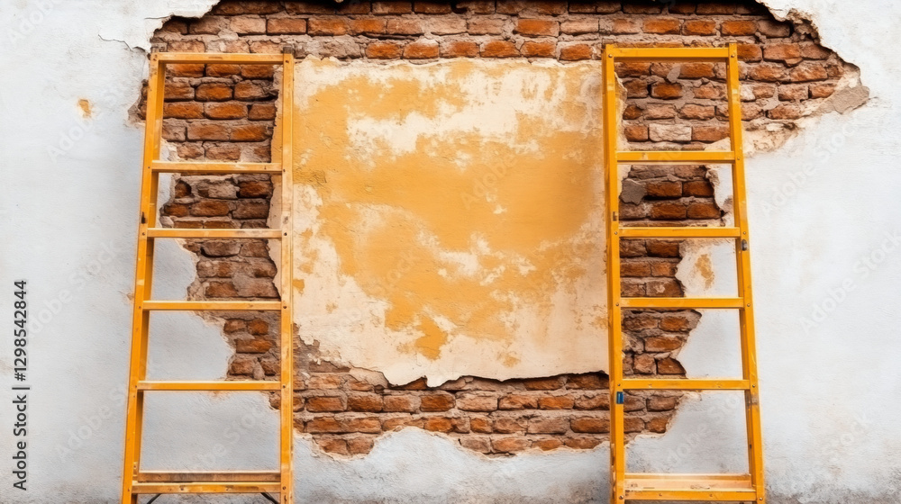Poster scaffolding, a detailed image of a standard yellow scaffolding setup against a construction backdrop