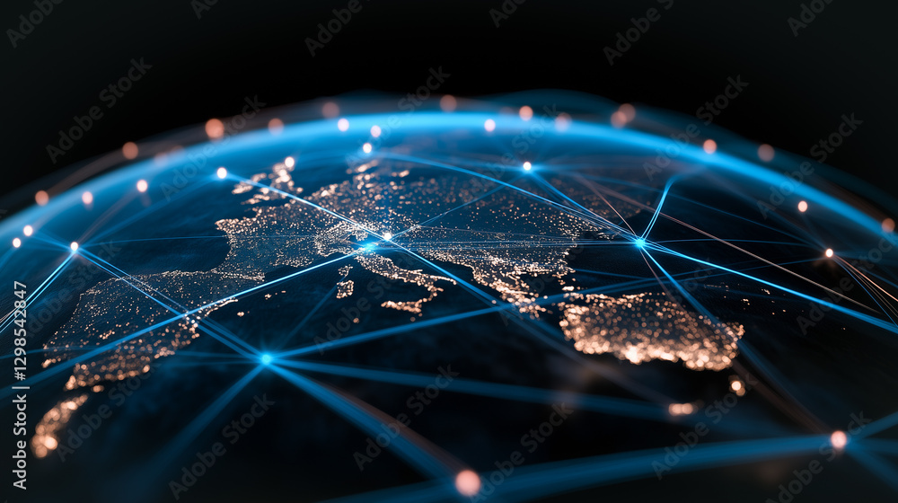 Poster global network: digital world map showcasing an intricate network of interconnected lines and glowin