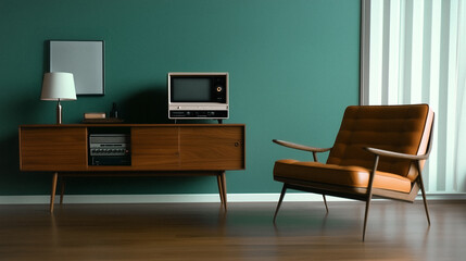 Retro Interior: Step back in time with a vintage living room, featuring an old television set atop a wooden cabinet, a cozy leather armchair.