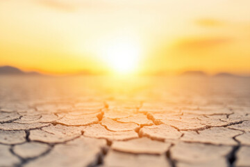 Obraz premium Dried cracked earth under warm sunset, showcasing effects of drought and climate change. landscape evokes sense of desolation and beauty