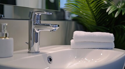 A contemporary bathroom sink with polished chrome faucet, clean white surface, and a neatly folded towel beside it.