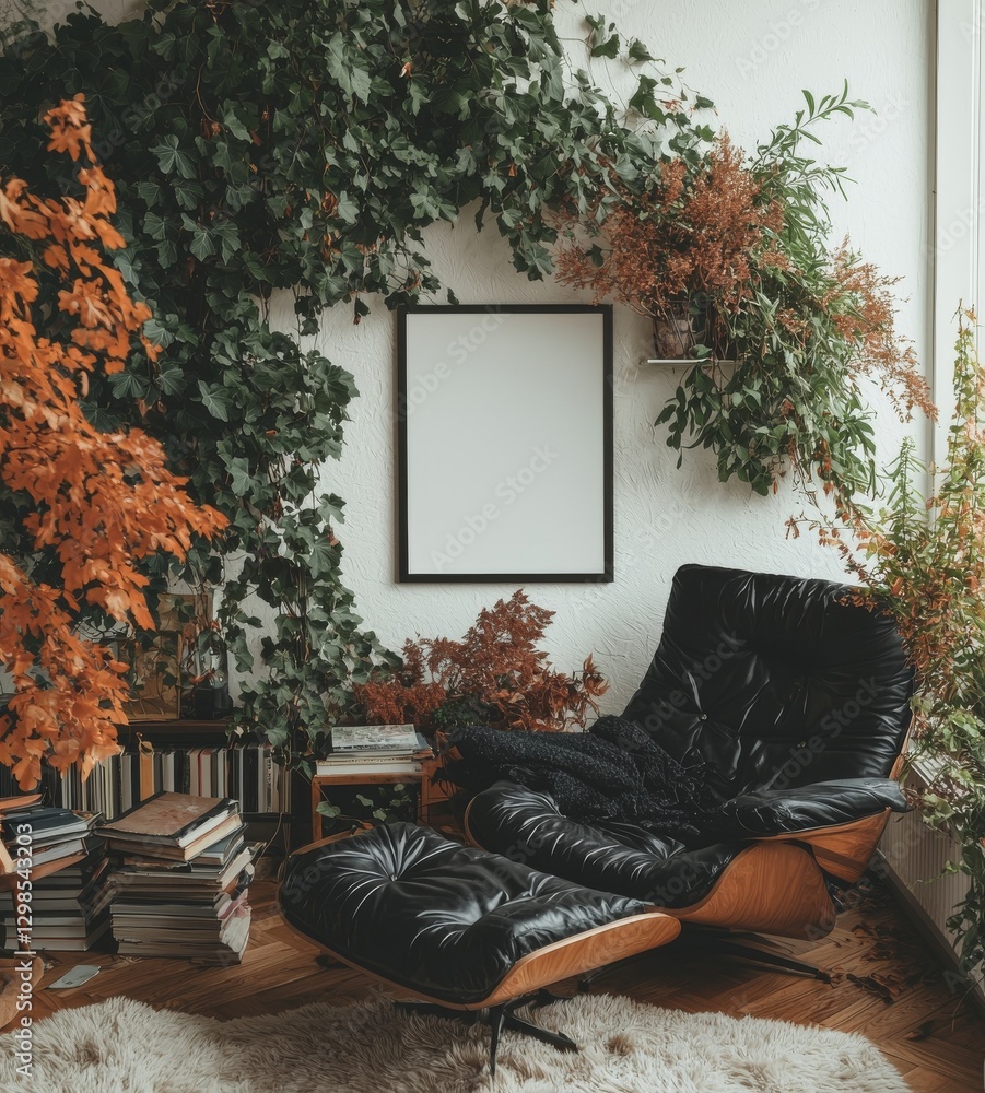 Poster a scandinavian-style living room serves as the backdrop for a mock-up poster in this 3d rendering