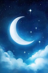 Fototapeta premium A serene night sky featuring a bright crescent moon surrounded by twinkling stars and soft clouds, ideal for themes of tranquility, nature, dreaming, or astronomical concepts in design projects,