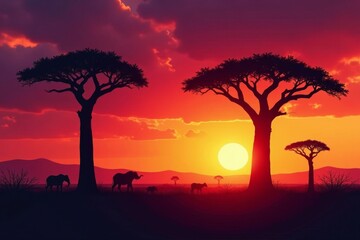 Silhouetted baobabs against vibrant sunset sky , yellow, wildlife