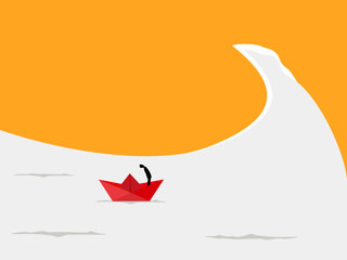 Brave, Challenging Problems, Businessman on a Paper Boat in the Big Waves