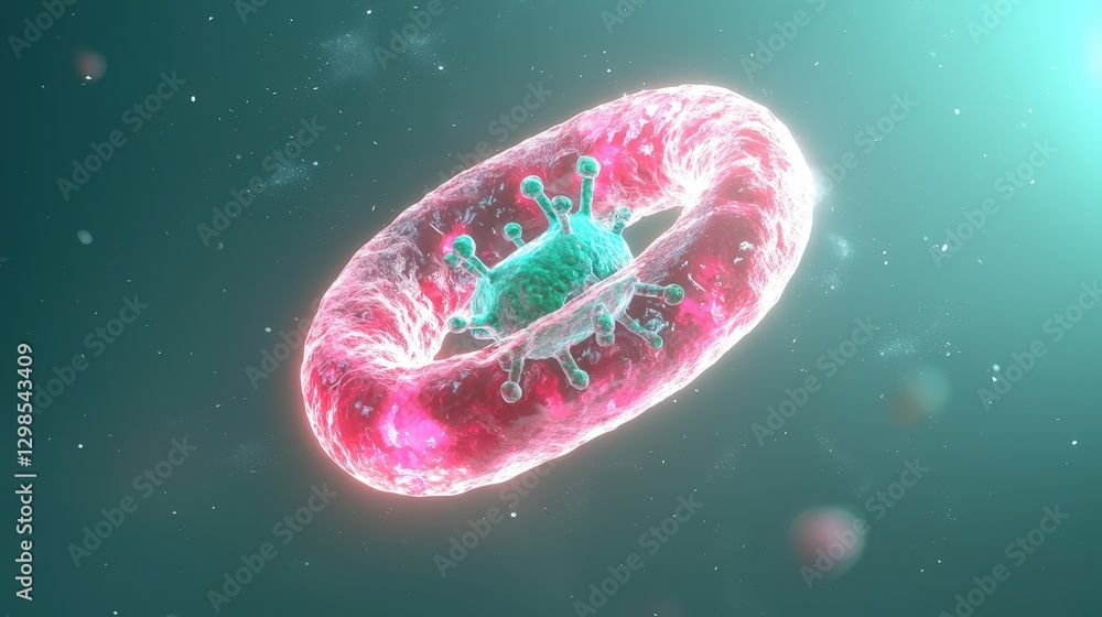 Poster virus particle interacting inside of red blood cell in abstract light background