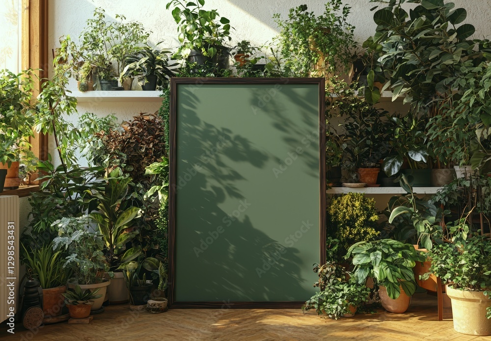Fototapete A golden frame rests against a white shelf in an interior setting complete with plants and decorative elements, as depicted in a 3D mockup rendering