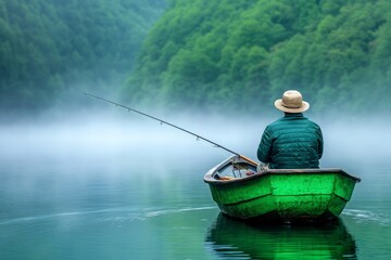 A lone fisherman in a tiny boat casting his line into a misty lake at dawn