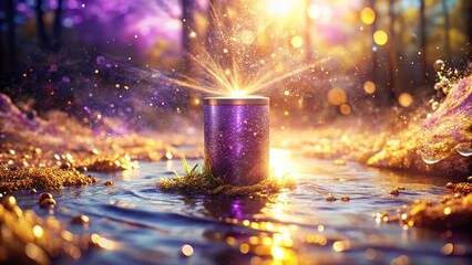 Obraz premium Muddy riverbank bokeh, vivid cylinder lens flare, violet-gold streaks.