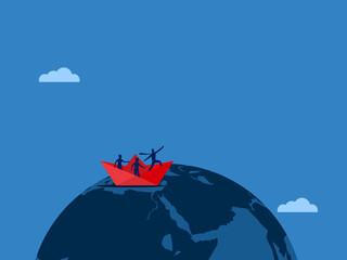 Visionary business leaders on a paper boat with crew looking at the global economy