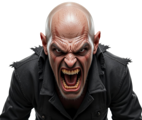 Angry bald man in dark jacket screaming, transparent background png