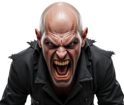Angry bald man in dark jacket screaming, transparent background png