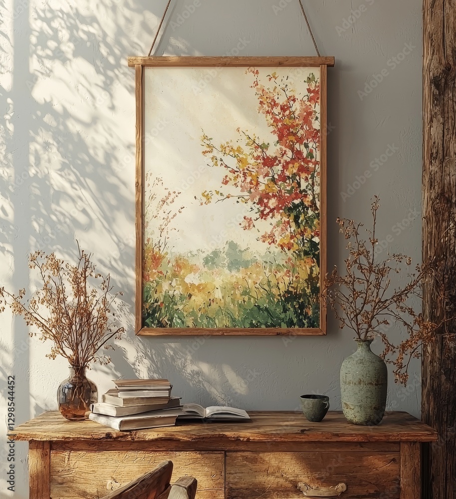 Poster in a modern interior, a 3d rendering of a mock-up poster is displayed