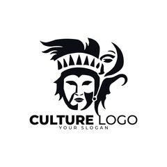 Symbolic Cultural Mask Vector Logo: Abstract Face Design with Headdress and Secondary Profile, Ideal for Cultural Organizations and Artistic Businesses