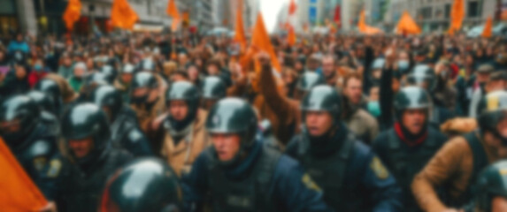 Blurred background underscores the magnitude of a large-scale protest, resonating with public outrage