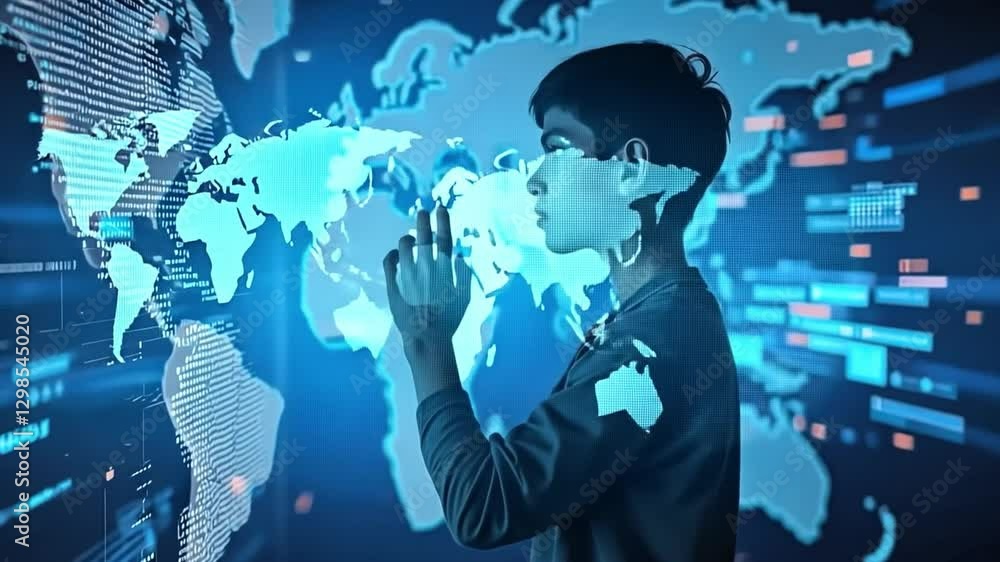 Poster global network interaction: a person interacts with a futuristic digital world map, showcasing globa
