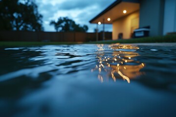 Water reflects lights of modern house at dusk