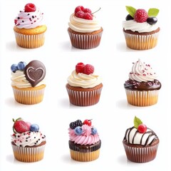 A collection of glossy 3D cupcakes and mini cakes, topped with chocolate drizzle, fresh berries, and colorful frosting, arranged neatly on a white isolated