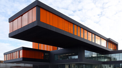 Featuring a bold cantilevered design, this modern building combines dark concrete with vibrant orange glass panels, creating an eye-catching contrast