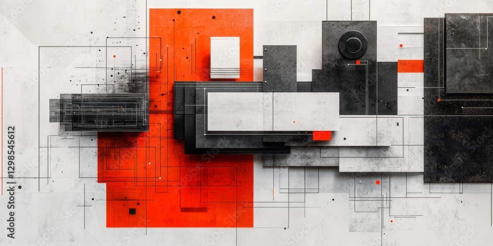 Poster Abstract geometric composition with layered elements and linear connections