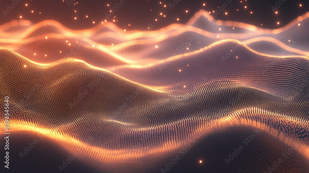 Poster a mesh of interconnected glowing points forming a dynamic digital landscape.